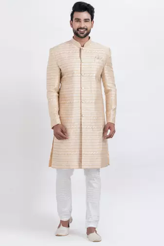 Gold jacquard silk premium designer festive wear indo western set