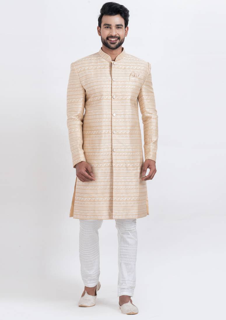 Gold jacquard silk premium designer festive wear indo western set