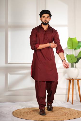 Maroon color cotton satin fabric beautiful solid festive special kurta payjama