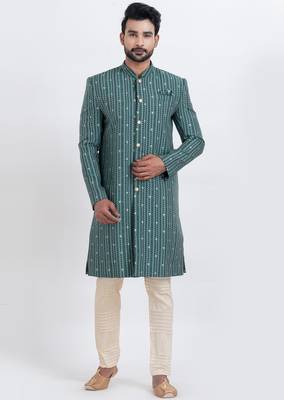 Green cotton silk jacquard premium designer festive wear indo western set 5