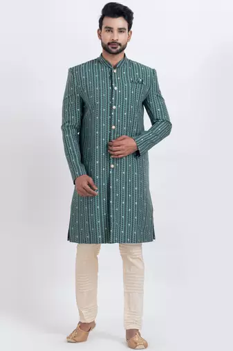 Green cotton silk jacquard premium designer festive wear indo western set
