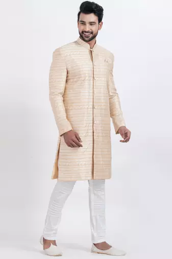 Gold jacquard silk premium designer festive wear indo western set