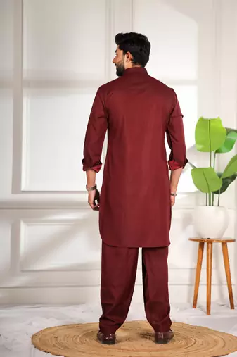 Maroon color cotton satin fabric beautiful solid festive special kurta payjama
