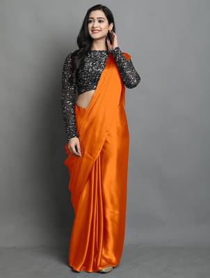 Orange satin plain zari work saree with blouse 1