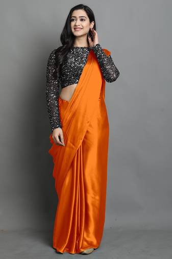 Orange satin plain zari work saree with blouse