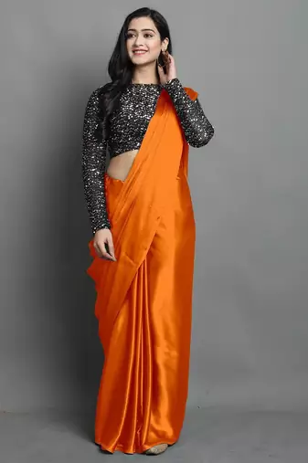 Orange satin plain zari work saree with blouse