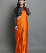 Orange satin plain zari work saree with blouse