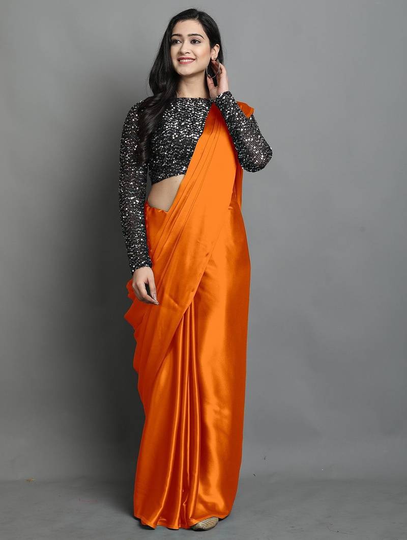 Orange satin plain zari work saree with blouse