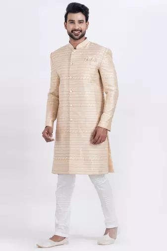 Gold jacquard silk premium designer festive wear indo western set