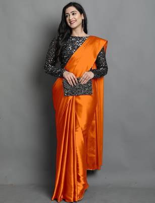 Orange satin plain zari work saree with blouse 2