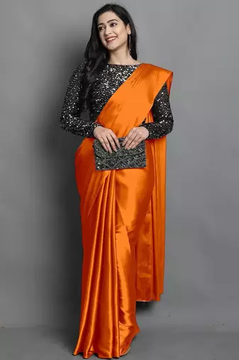 Orange satin plain zari work saree with blouse