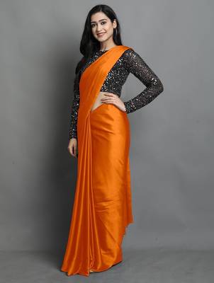 Orange satin plain zari work saree with blouse 3