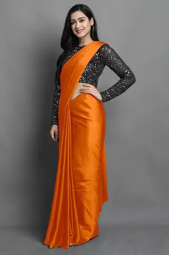 Orange satin plain zari work saree with blouse