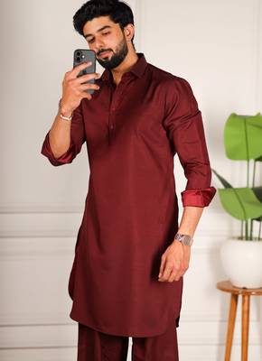 Maroon color cotton satin fabric beautiful solid festive special kurta payjama 3