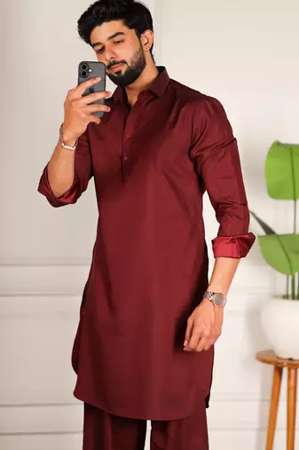 Maroon color cotton satin fabric beautiful solid festive special kurta payjama