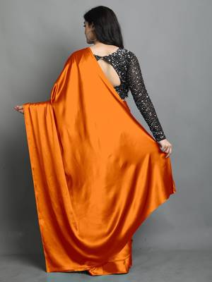 Orange satin plain zari work saree with blouse 4