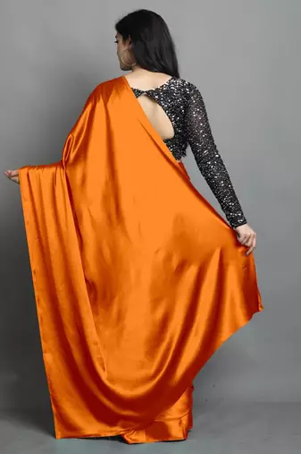 Orange satin plain zari work saree with blouse