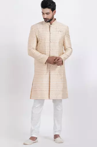 Gold jacquard silk premium designer festive wear indo western set