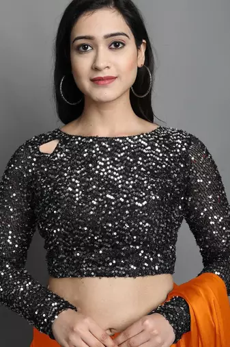 Orange satin plain zari work saree with blouse