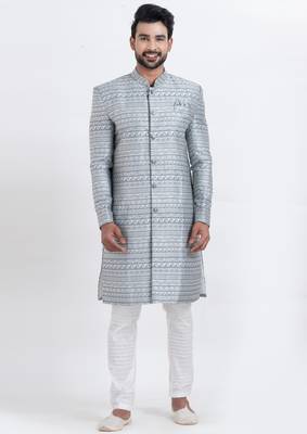 Grey jacquard silk premium designer festive wear indo western set 1