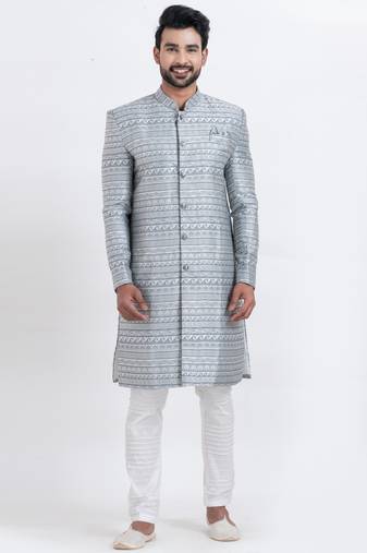 Grey jacquard silk premium designer festive wear indo western set