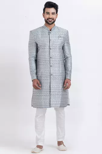 Grey jacquard silk premium designer festive wear indo western set