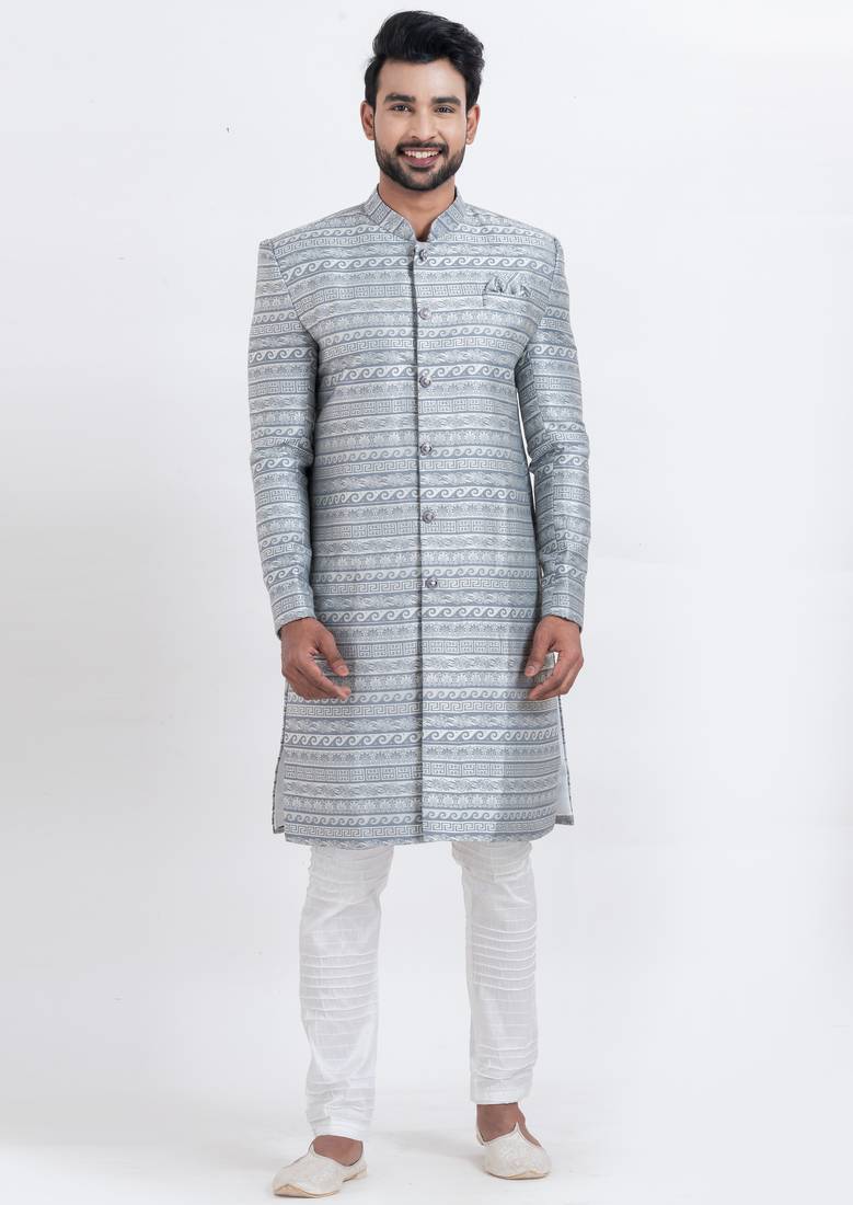 Grey jacquard silk premium designer festive wear indo western set