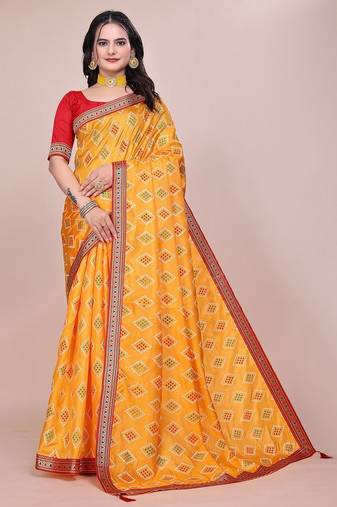 Yellow blended cotton woven zari work saree with blouse
