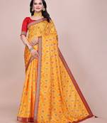 Yellow blended cotton woven zari work saree with blouse