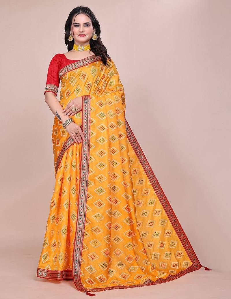 Yellow blended cotton woven zari work saree with blouse