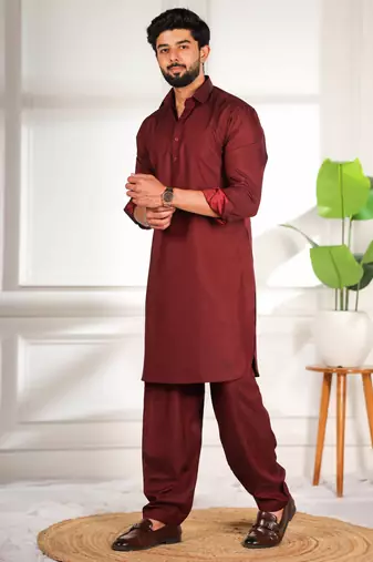 Maroon color cotton satin fabric beautiful solid festive special kurta payjama