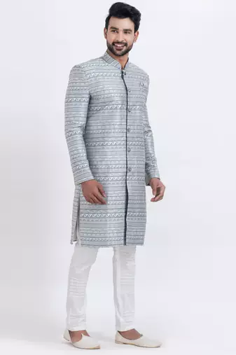 Grey jacquard silk premium designer festive wear indo western set