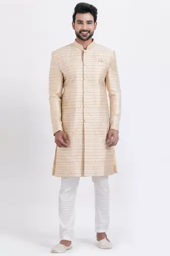Gold jacquard silk premium designer festive wear indo western set