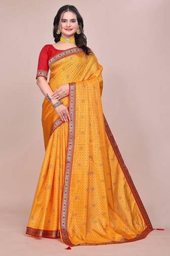 Yellow blended cotton woven zari work saree with blouse