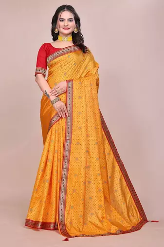 Yellow blended cotton woven zari work saree with blouse