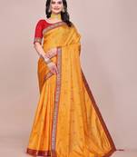 Yellow blended cotton woven zari work saree with blouse