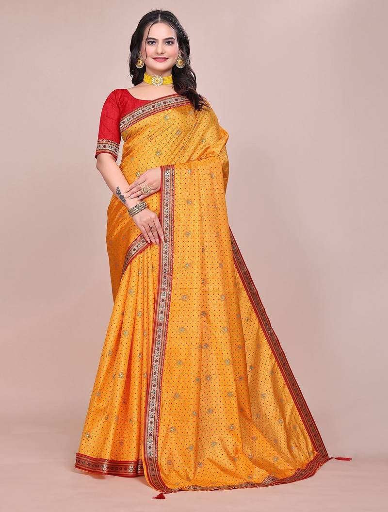 Yellow blended cotton woven zari work saree with blouse
