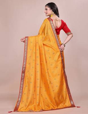 Yellow blended cotton woven zari work saree with blouse 2