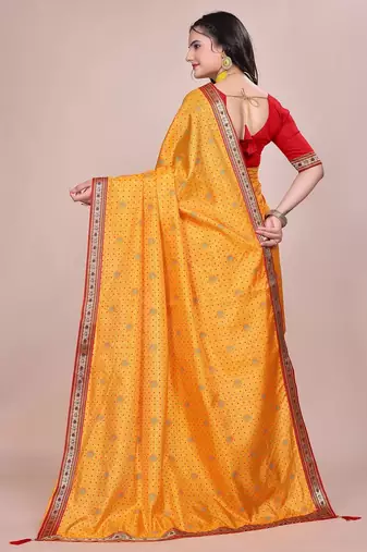 Yellow blended cotton woven zari work saree with blouse