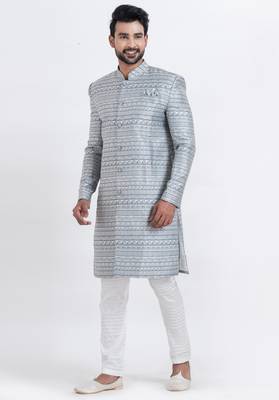 Grey jacquard silk premium designer festive wear indo western set 3