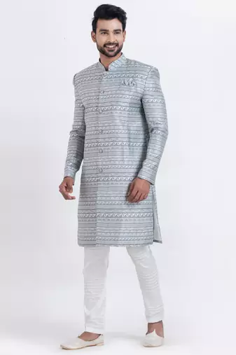 Grey jacquard silk premium designer festive wear indo western set
