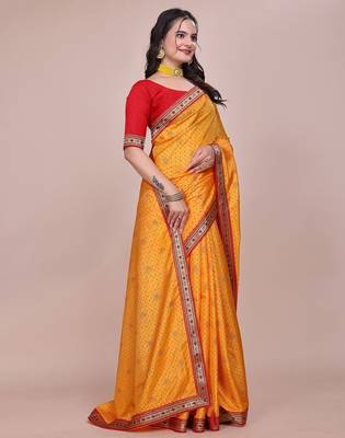 Yellow blended cotton woven zari work saree with blouse 3