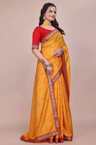 Yellow blended cotton woven zari work saree with blouse