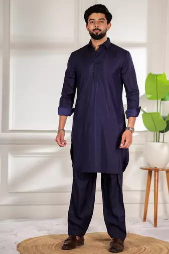 Blue color cotton satin fabric beautiful solid festive special kurta payjama