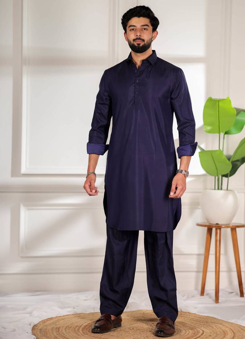 Blue color cotton satin fabric beautiful solid festive special kurta payjama
