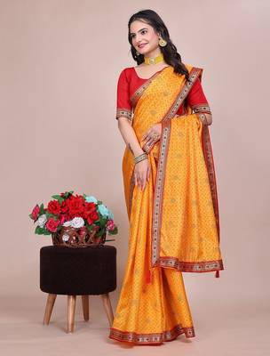 Yellow blended cotton woven zari work saree with blouse 4
