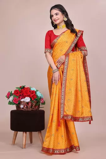 Yellow blended cotton woven zari work saree with blouse