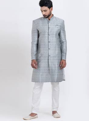 Grey jacquard silk premium designer festive wear indo western set 4