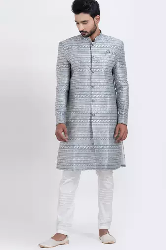 Grey jacquard silk premium designer festive wear indo western set