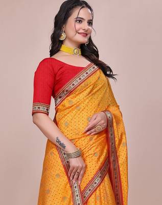 Yellow blended cotton woven zari work saree with blouse 5